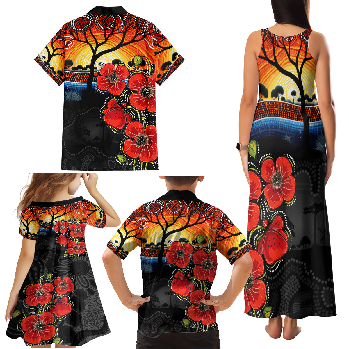 ANZAC Day Australia Poppy Flower Family Matching Tank Maxi Dress and Hawaiian Shirt Aboriginal Style