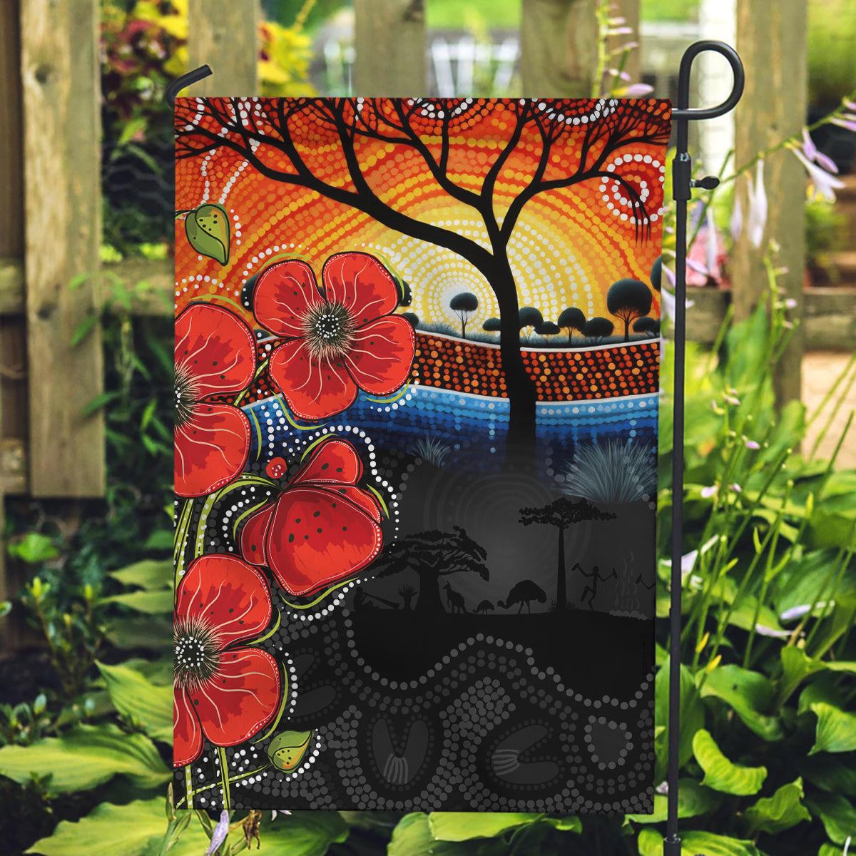 ANZAC Day Australia Poppy Flower Garden Flag Aboriginal Style - Vibe Hoodie Shop