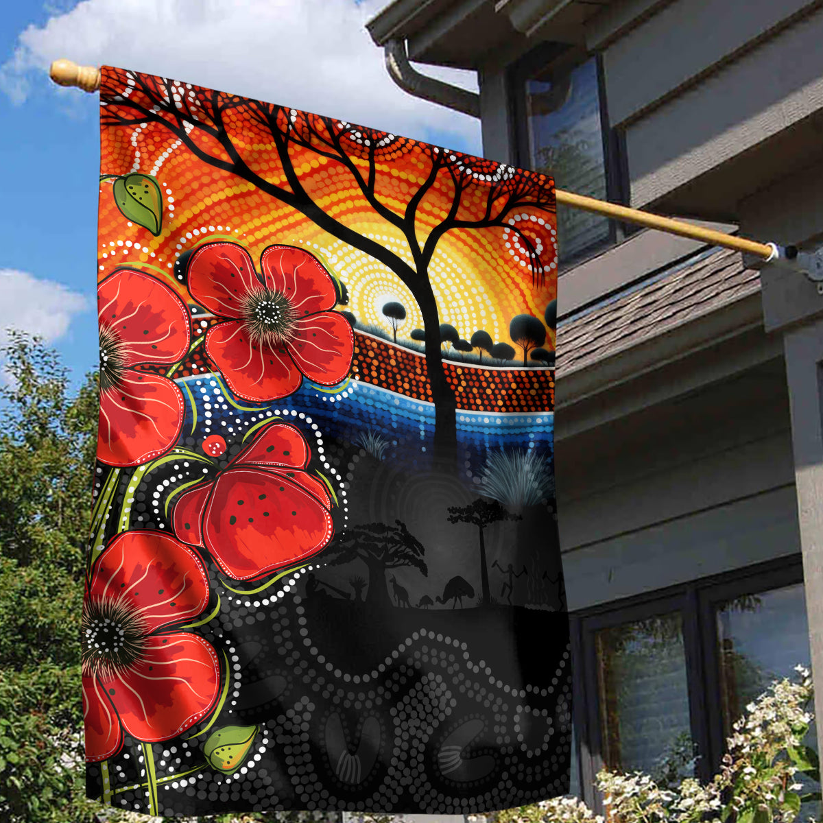 ANZAC Day Australia Poppy Flower Garden Flag Aboriginal Style - Vibe Hoodie Shop