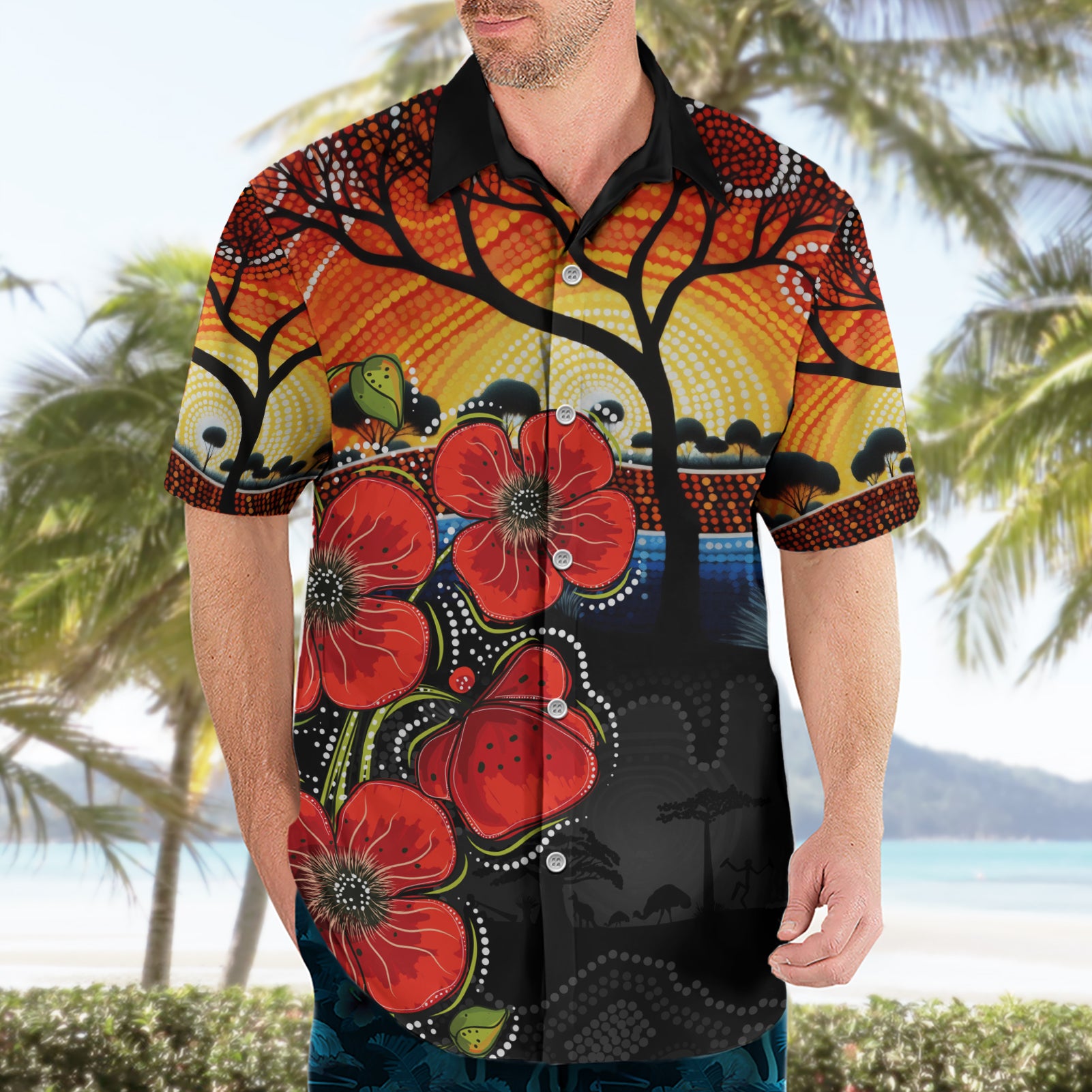 ANZAC Day Australia Poppy Flower Hawaiian Shirt Aboriginal Style - Vibe Hoodie Shop