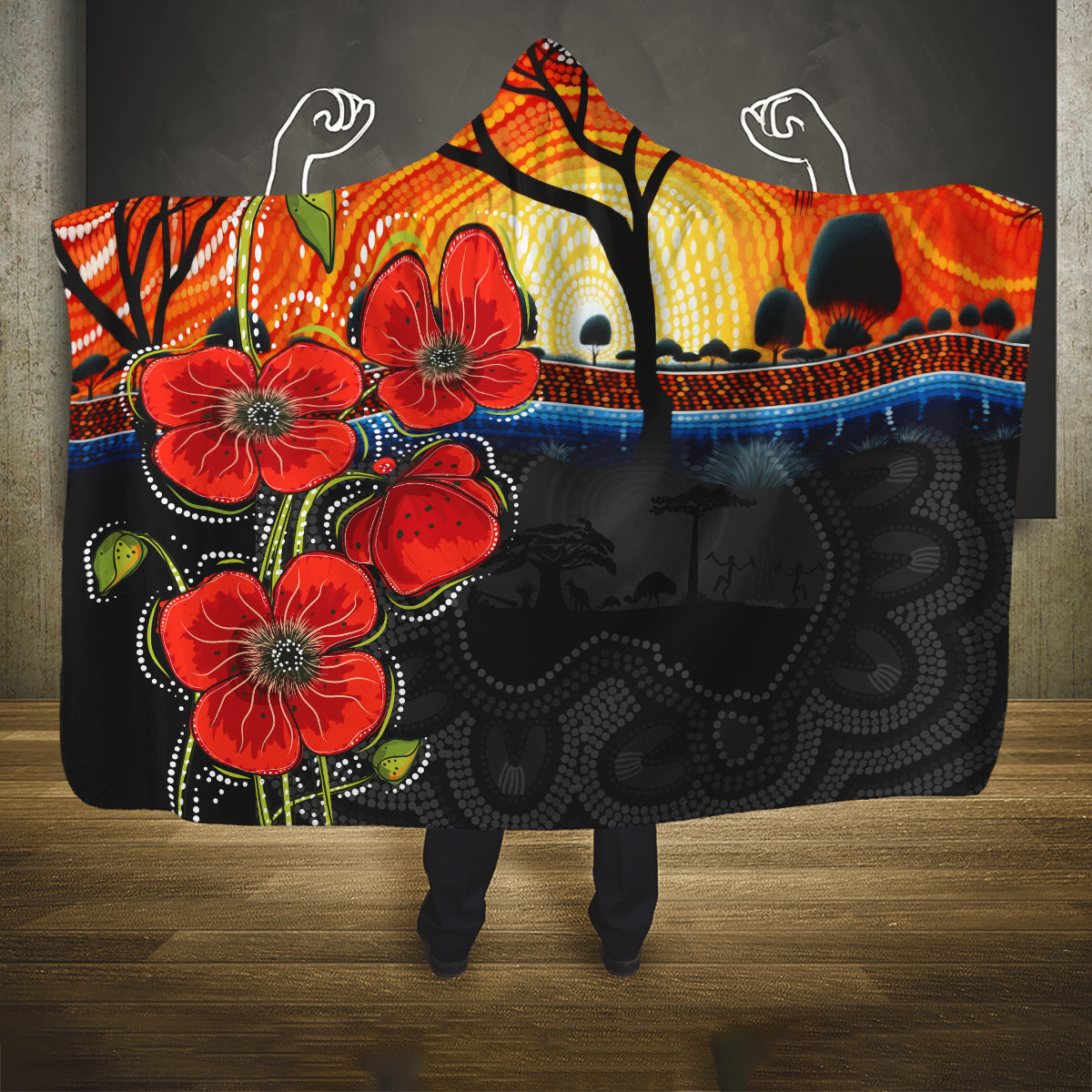 ANZAC Day Australia Poppy Flower Hooded Blanket Aboriginal Style