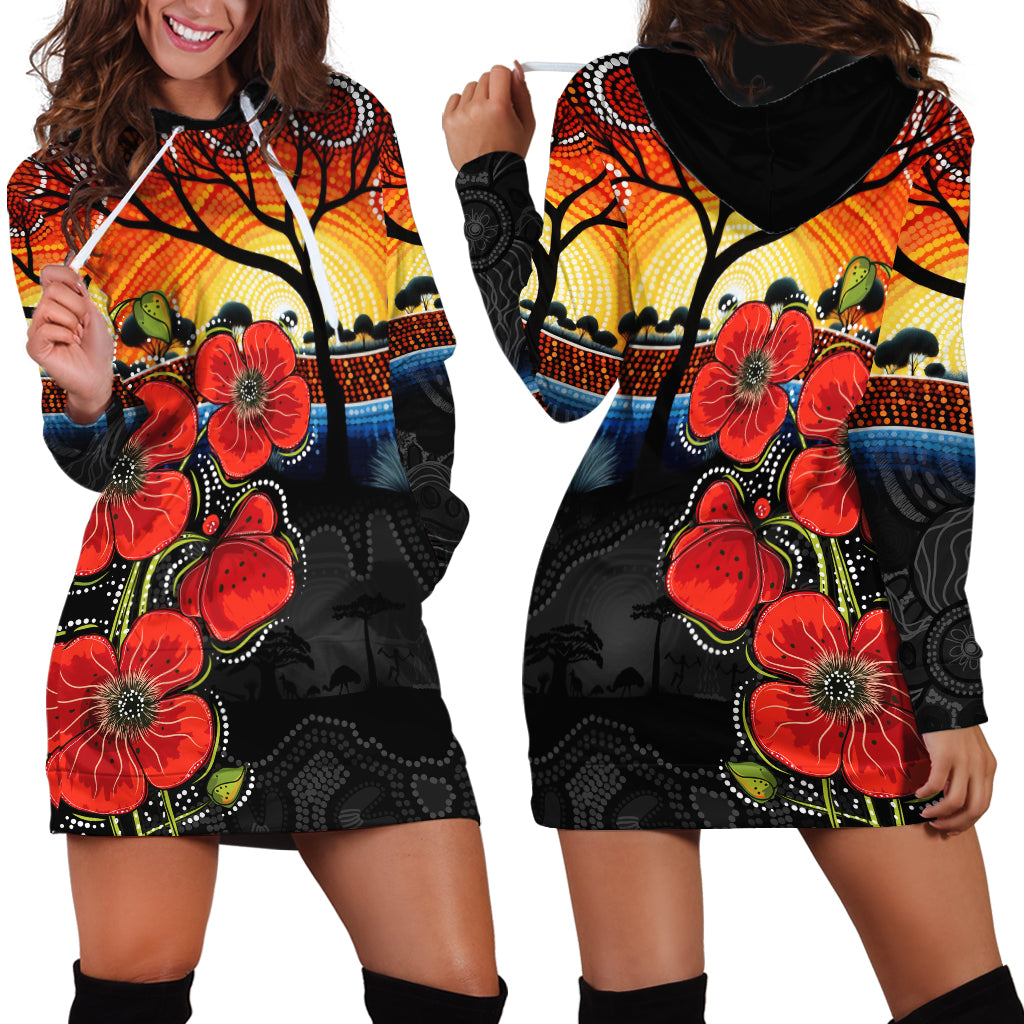 ANZAC Day Australia Poppy Flower Hoodie Dress Aboriginal Style - Vibe Hoodie Shop