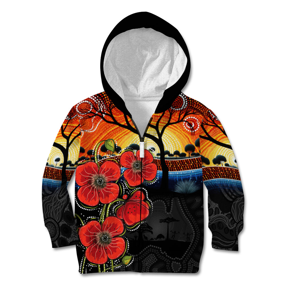 ANZAC Day Australia Poppy Flower Kid Hoodie Aboriginal Style - Vibe Hoodie Shop