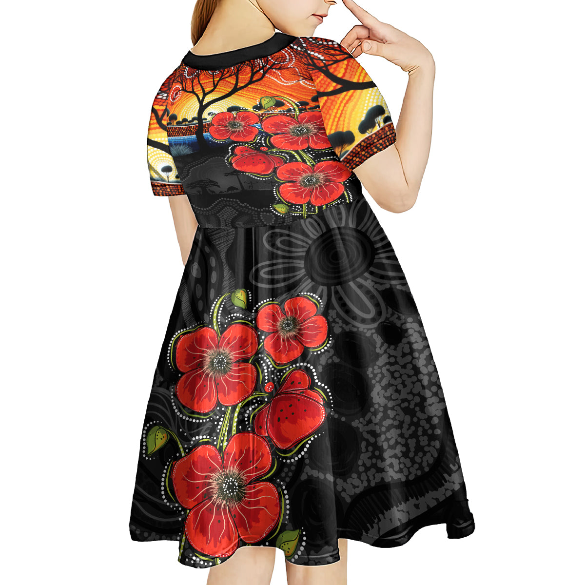 ANZAC Day Australia Poppy Flower Kid Short Sleeve Dress Aboriginal Style - Vibe Hoodie Shop