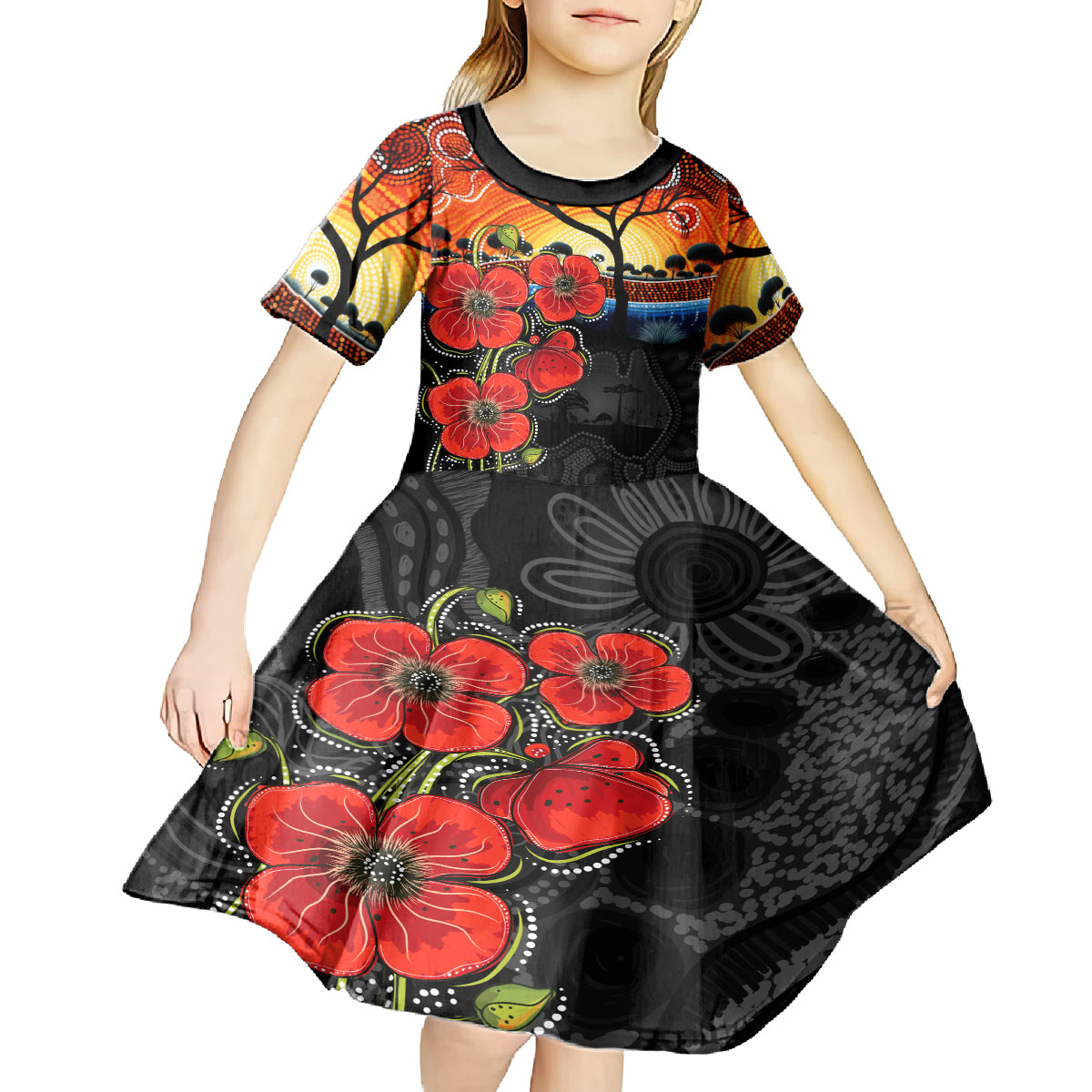 ANZAC Day Australia Poppy Flower Kid Short Sleeve Dress Aboriginal Style - Vibe Hoodie Shop