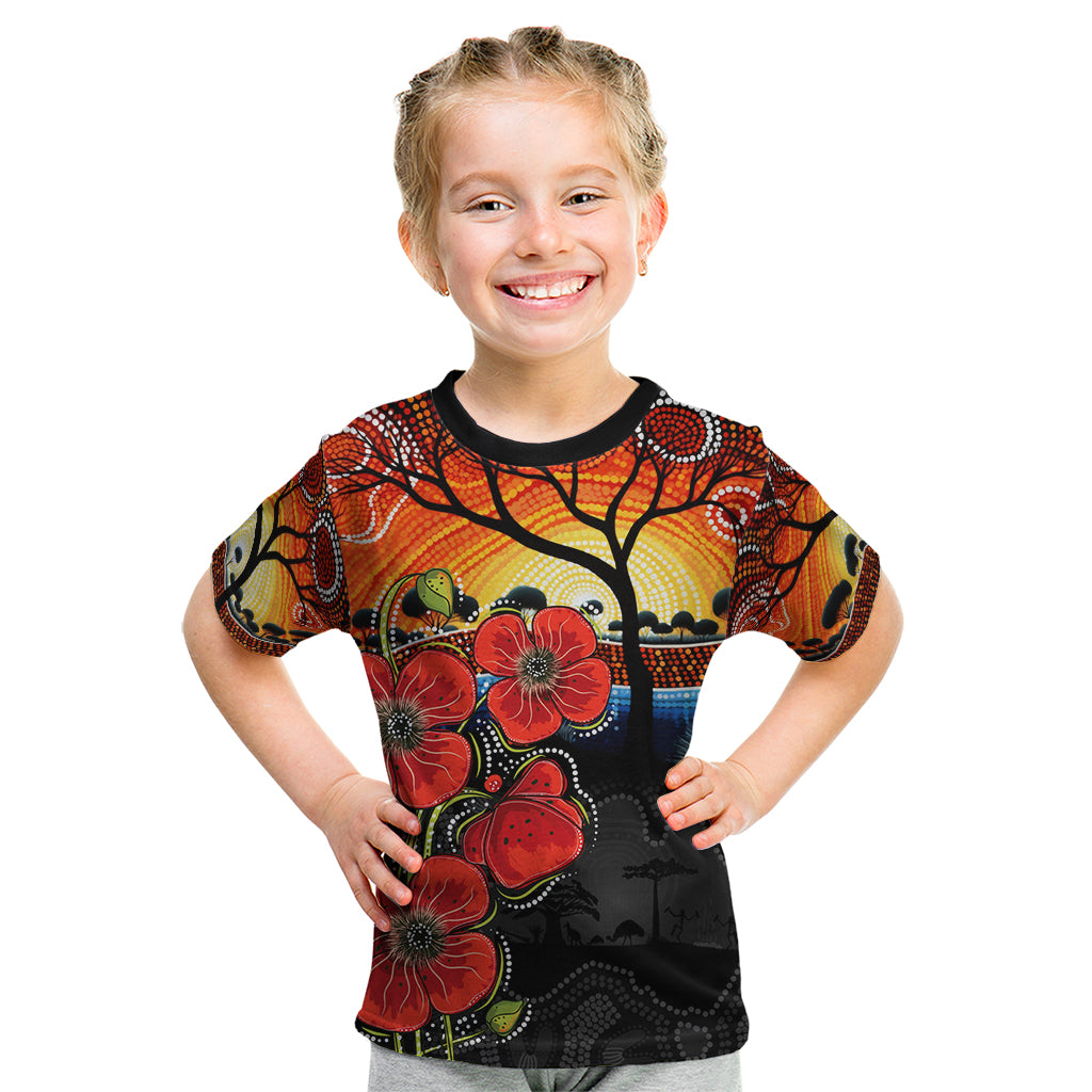 ANZAC Day Australia Poppy Flower Kid T Shirt Aboriginal Style - Vibe Hoodie Shop