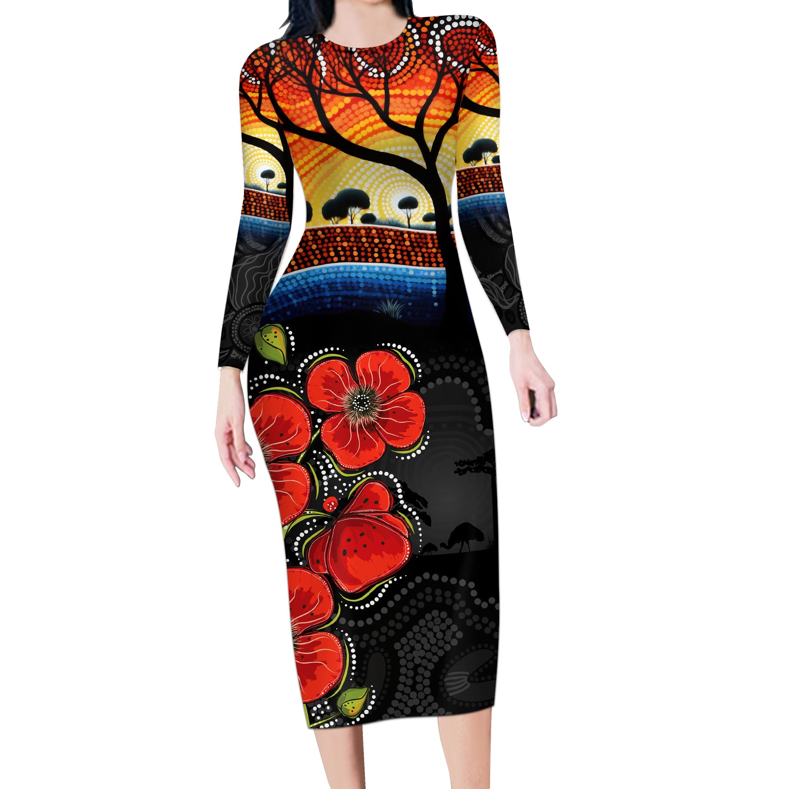 ANZAC Day Australia Poppy Flower Long Sleeve Bodycon Dress Aboriginal Style