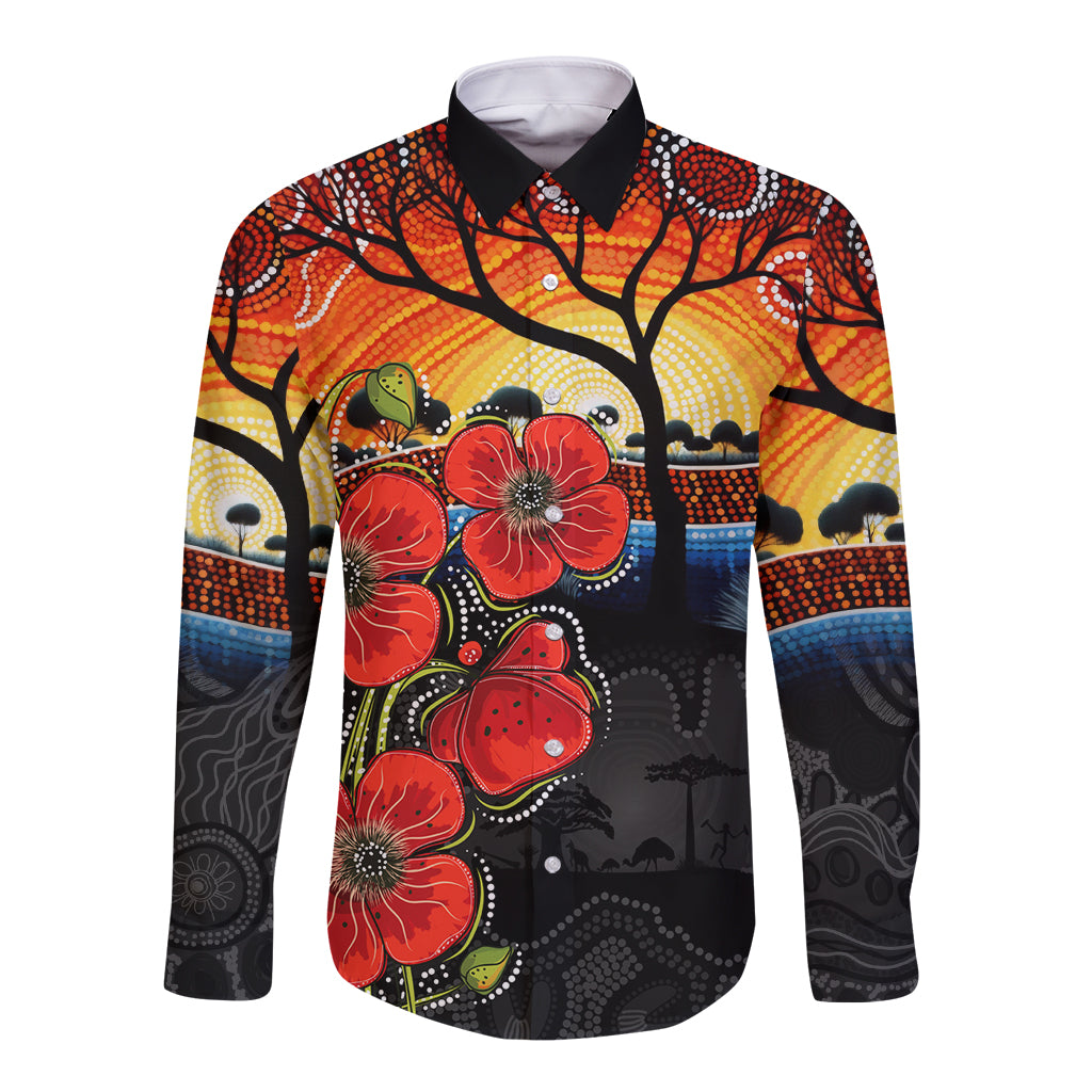 ANZAC Day Australia Poppy Flower Long Sleeve Button Shirt Aboriginal Style - Vibe Hoodie Shop