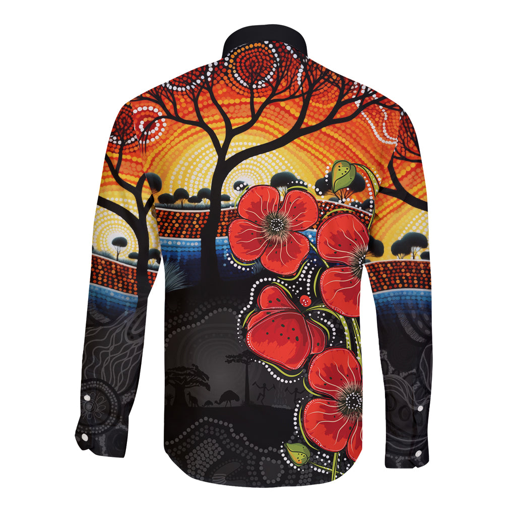 ANZAC Day Australia Poppy Flower Long Sleeve Button Shirt Aboriginal Style - Vibe Hoodie Shop