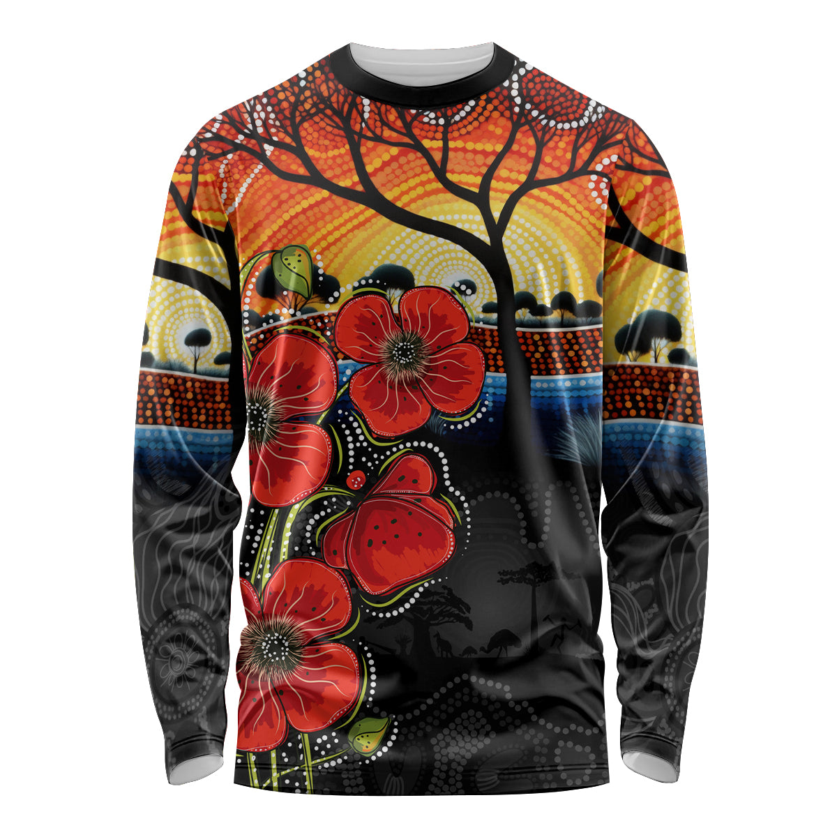ANZAC Day Australia Poppy Flower Long Sleeve Shirt Aboriginal Style - Vibe Hoodie Shop