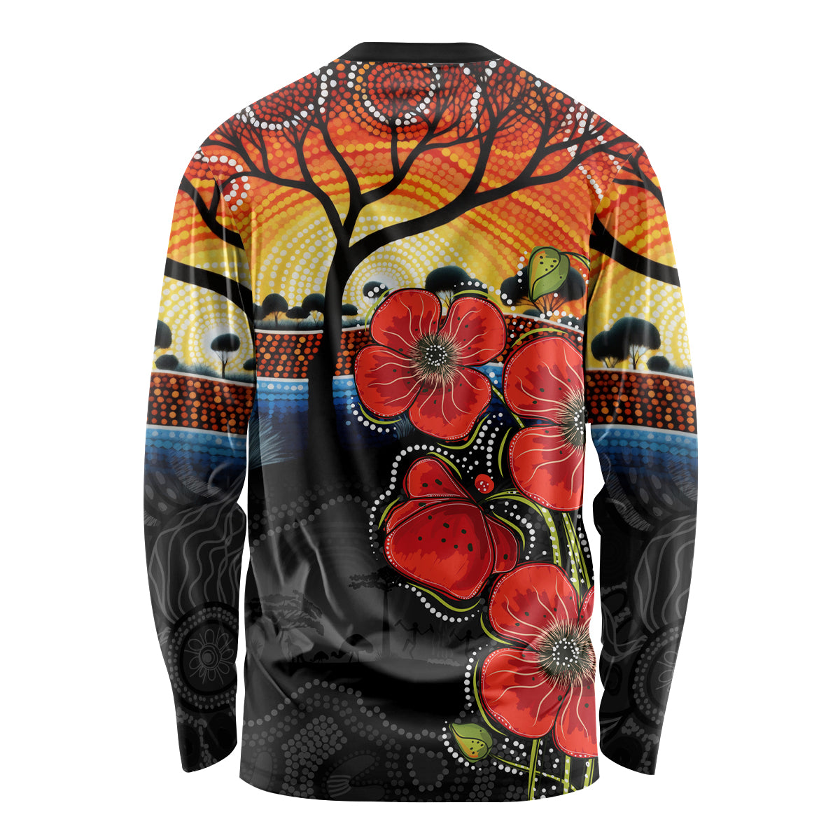 ANZAC Day Australia Poppy Flower Long Sleeve Shirt Aboriginal Style - Vibe Hoodie Shop