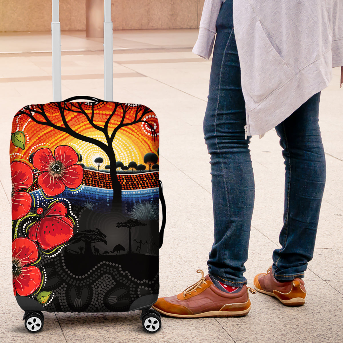ANZAC Day Australia Poppy Flower Luggage Cover Aboriginal Style - Vibe Hoodie Shop
