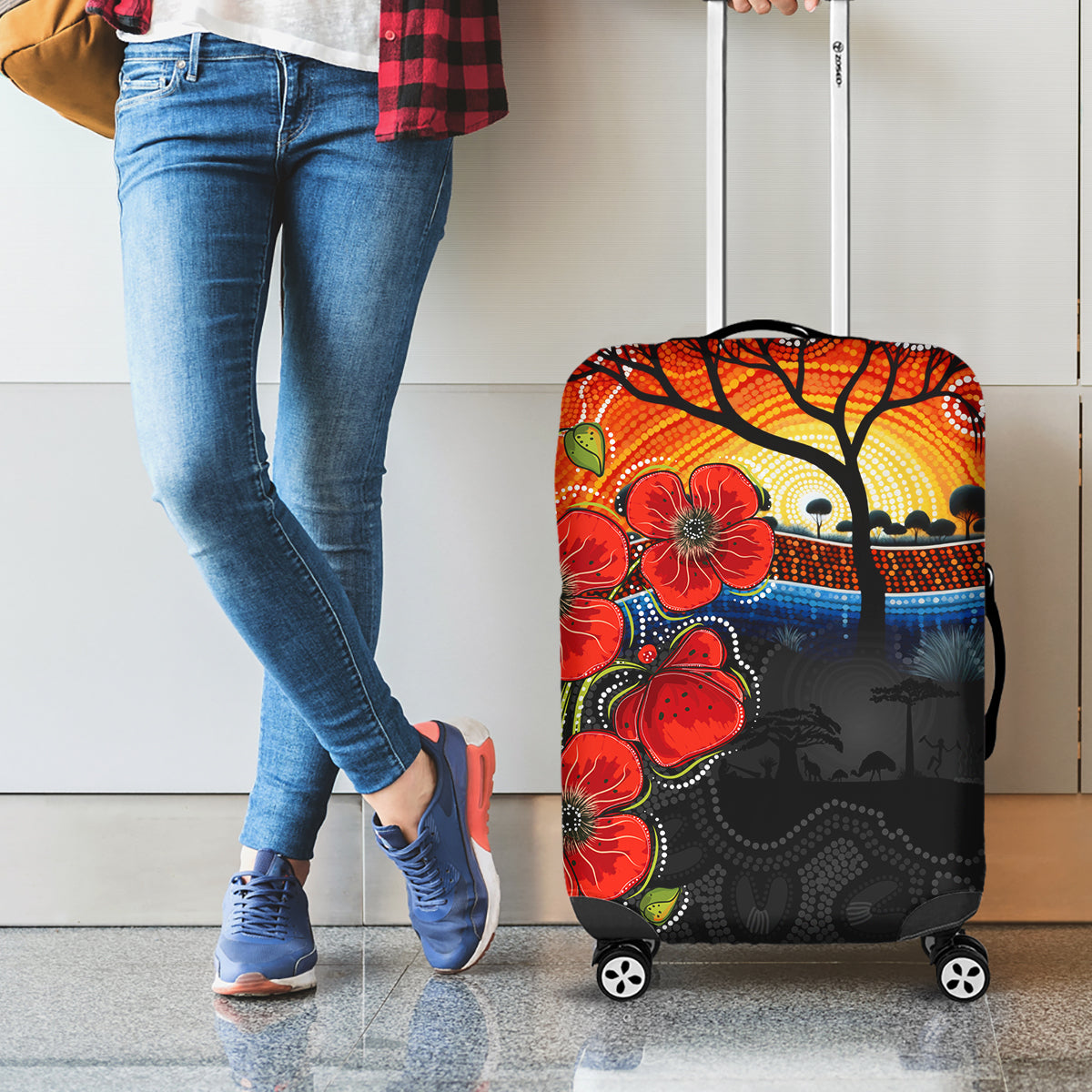 ANZAC Day Australia Poppy Flower Luggage Cover Aboriginal Style - Vibe Hoodie Shop