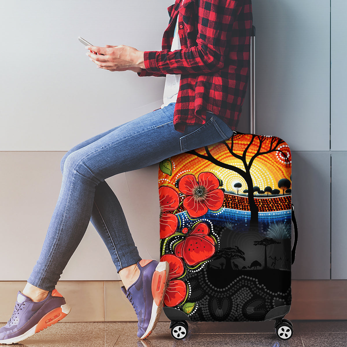 ANZAC Day Australia Poppy Flower Luggage Cover Aboriginal Style - Vibe Hoodie Shop