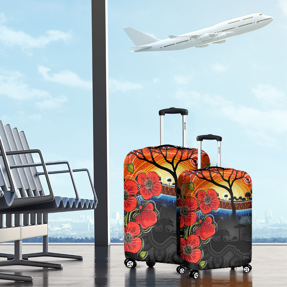 ANZAC Day Australia Poppy Flower Luggage Cover Aboriginal Style - Vibe Hoodie Shop