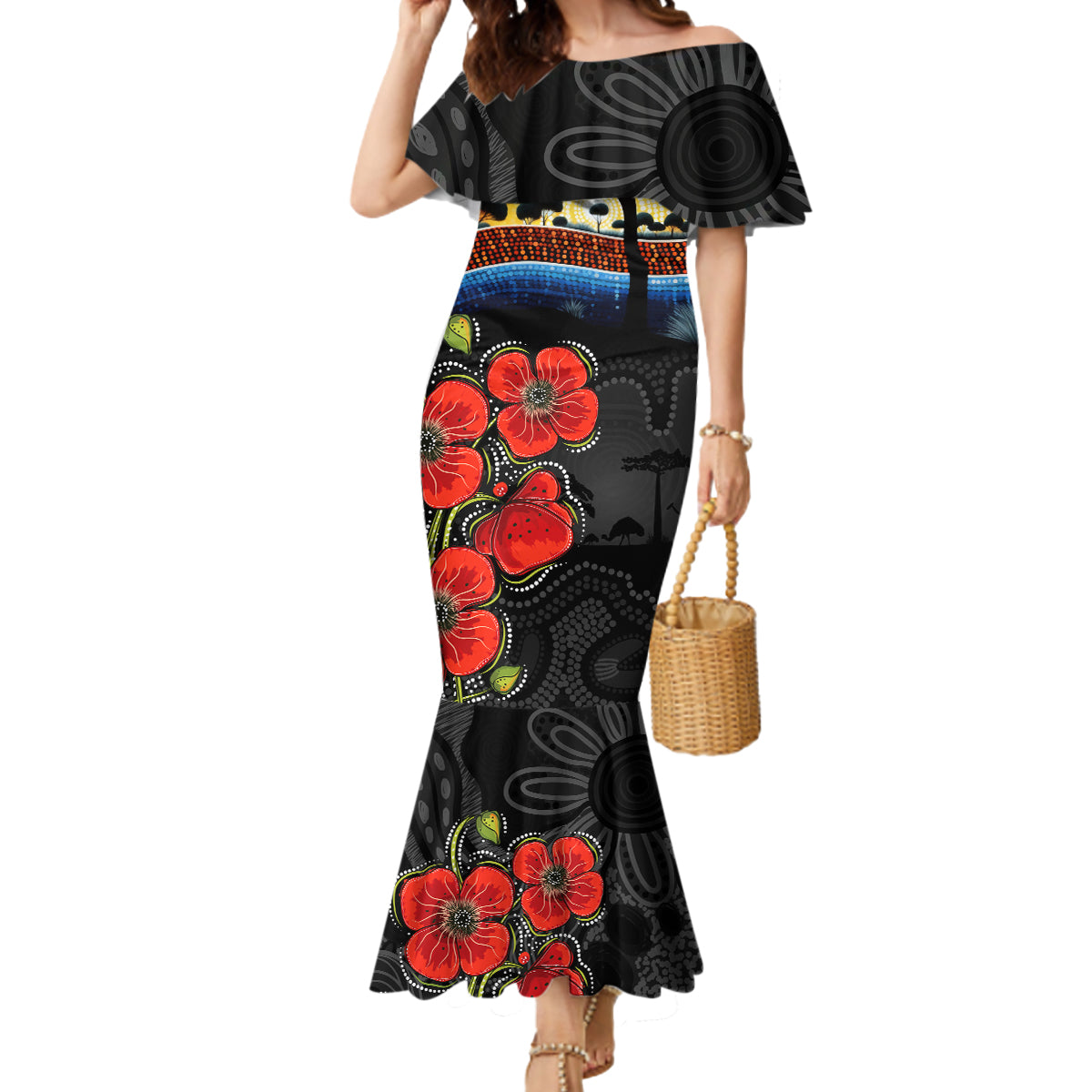 ANZAC Day Australia Poppy Flower Mermaid Dress Aboriginal Style