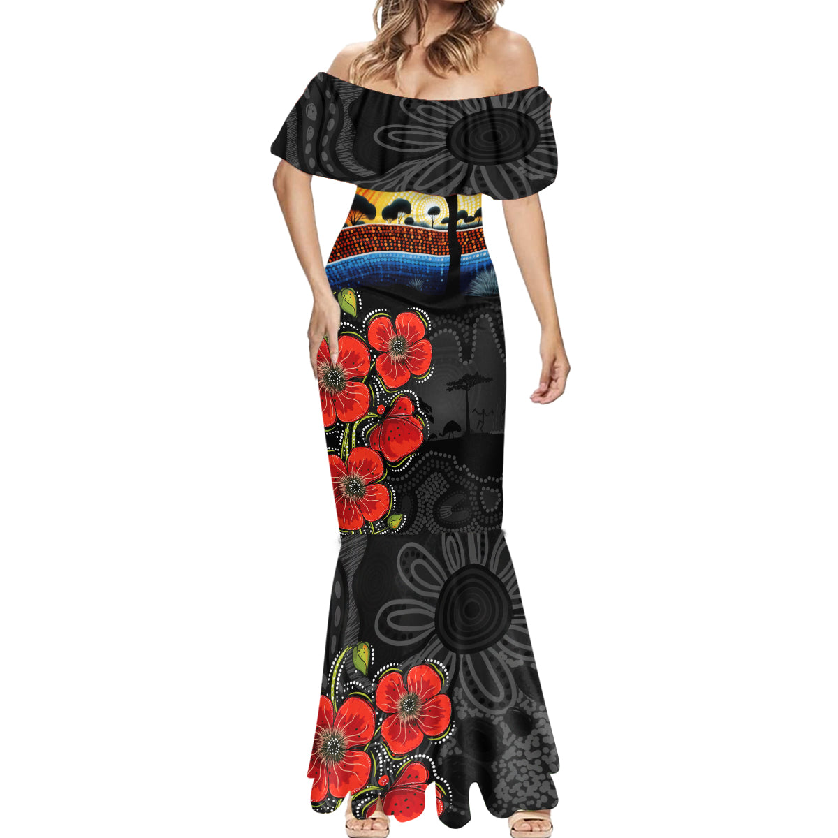 ANZAC Day Australia Poppy Flower Mermaid Dress Aboriginal Style