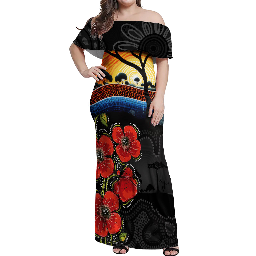 ANZAC Day Australia Poppy Flower Off Shoulder Maxi Dress Aboriginal Style