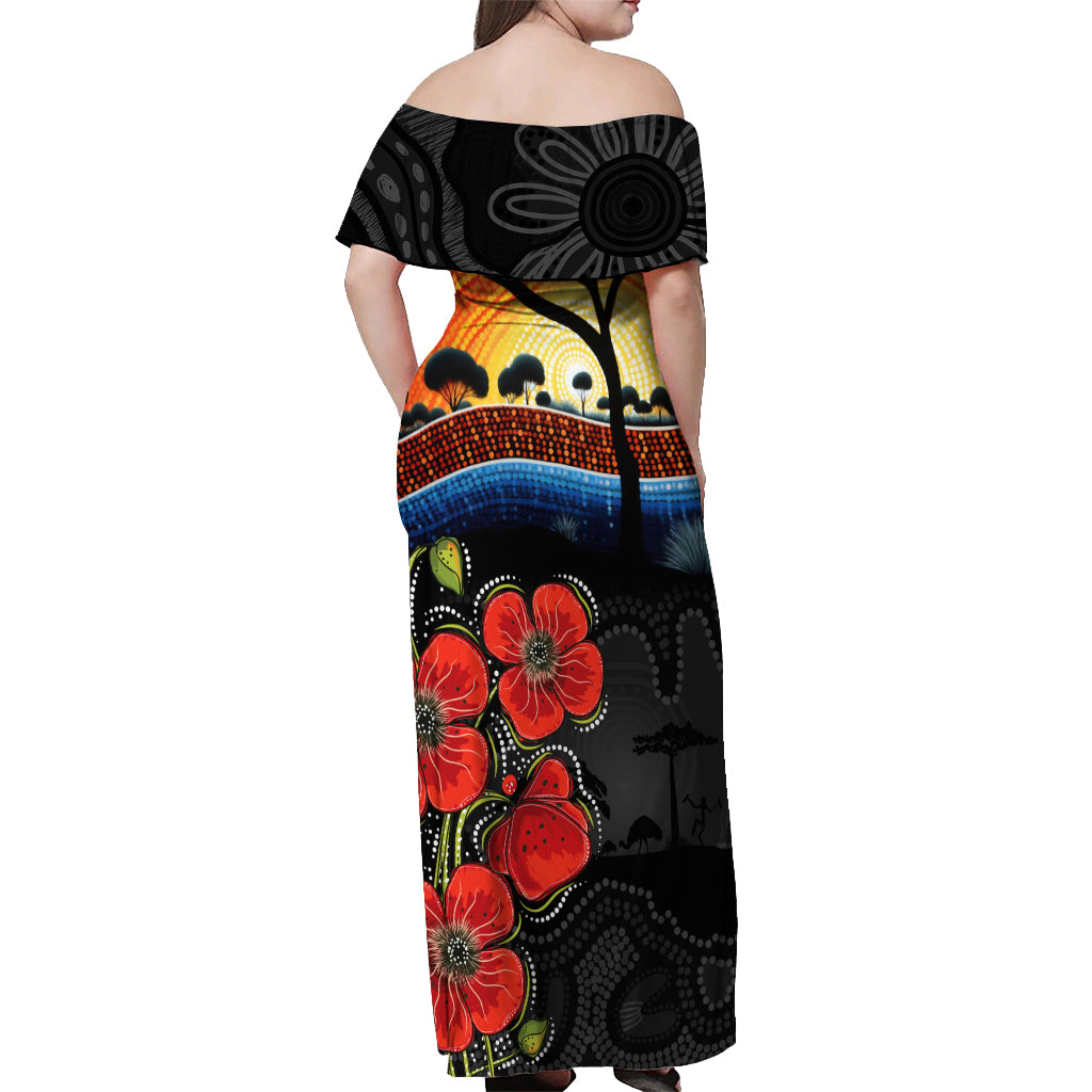 ANZAC Day Australia Poppy Flower Off Shoulder Maxi Dress Aboriginal Style