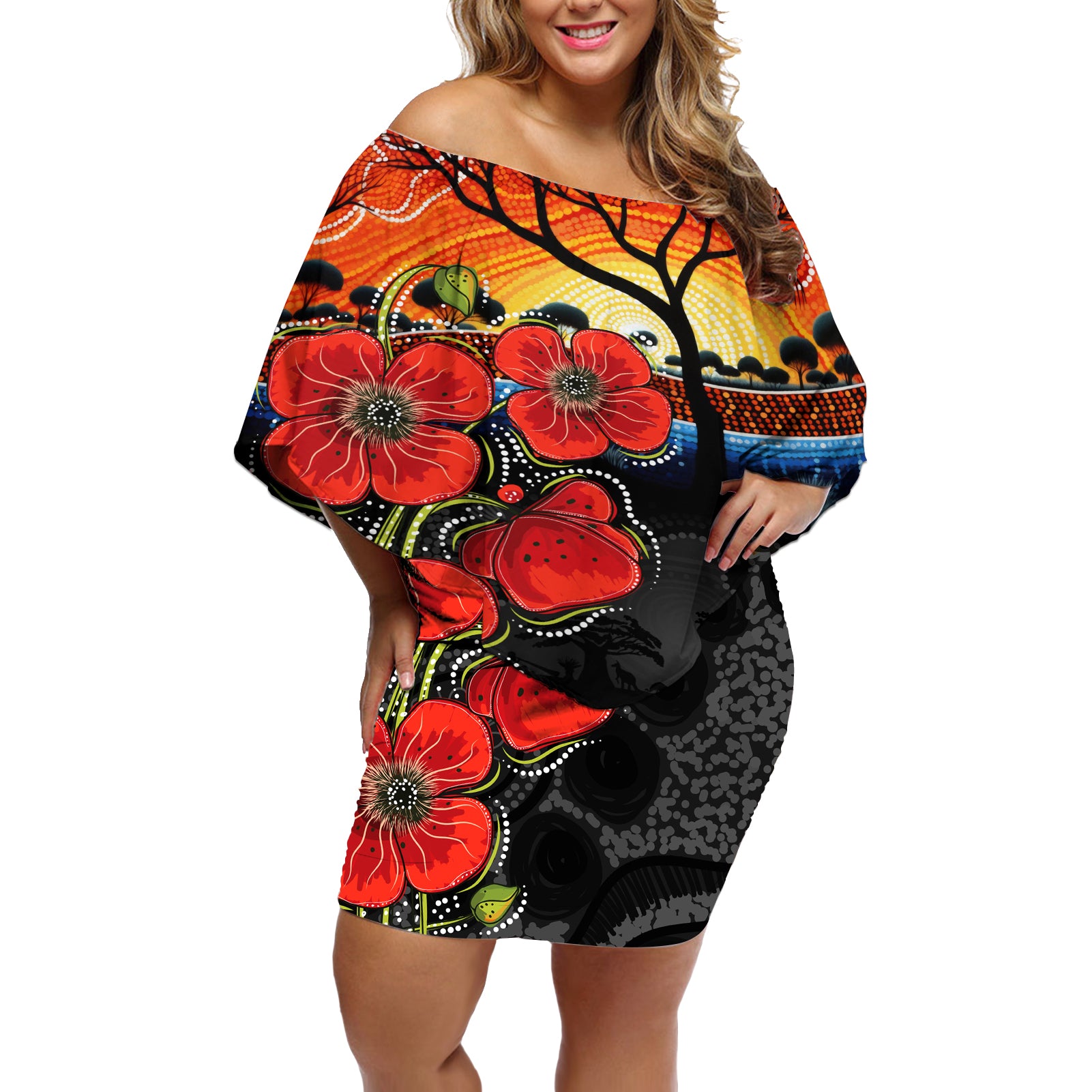 ANZAC Day Australia Poppy Flower Off Shoulder Short Dress Aboriginal Style