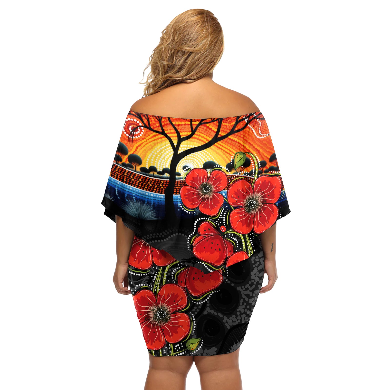ANZAC Day Australia Poppy Flower Off Shoulder Short Dress Aboriginal Style