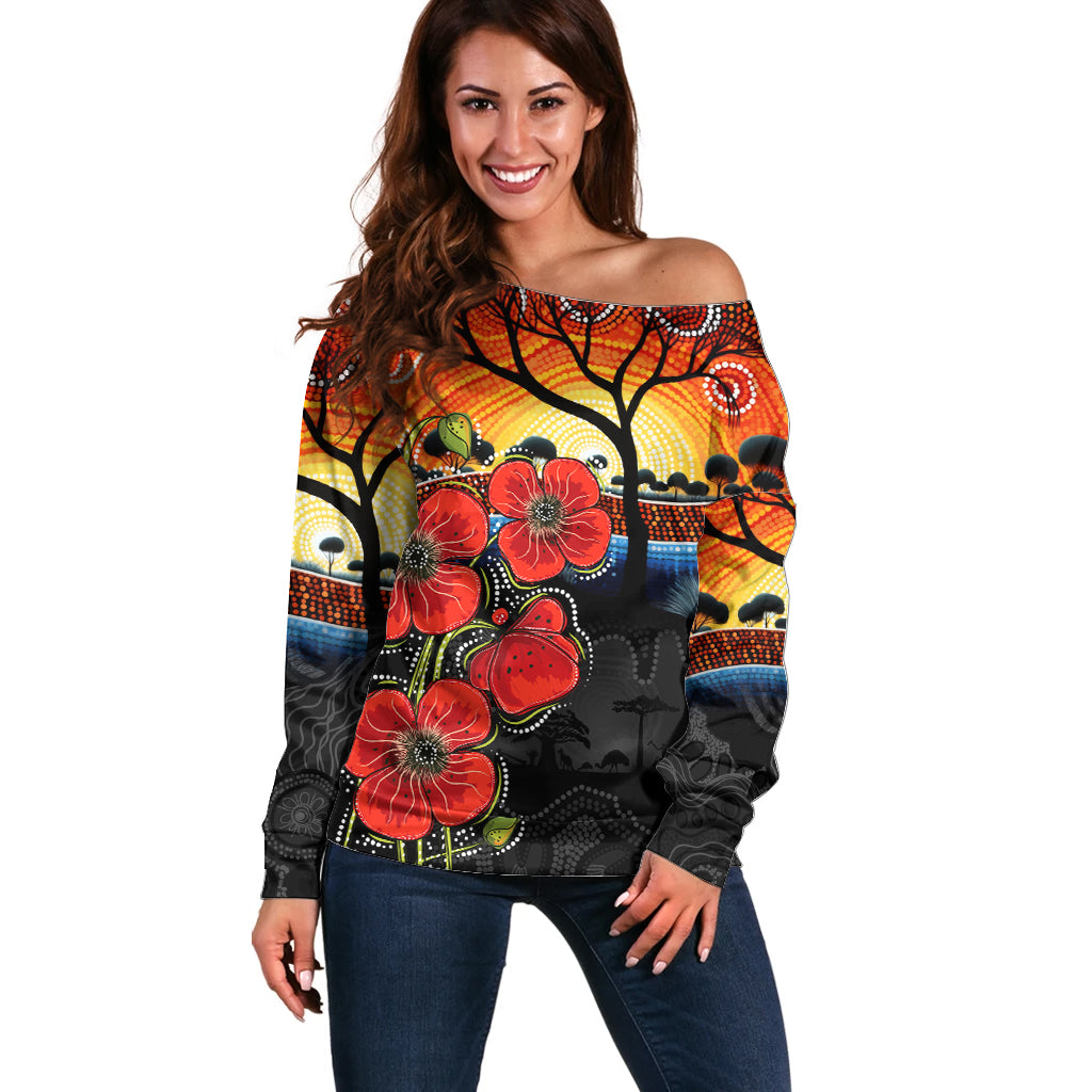 ANZAC Day Australia Poppy Flower Off Shoulder Sweater Aboriginal Style - Vibe Hoodie Shop