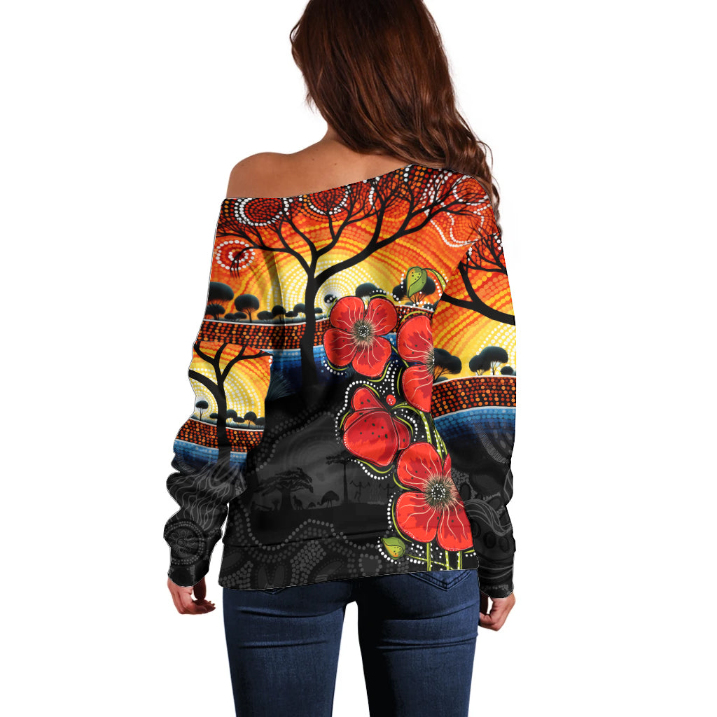 ANZAC Day Australia Poppy Flower Off Shoulder Sweater Aboriginal Style - Vibe Hoodie Shop