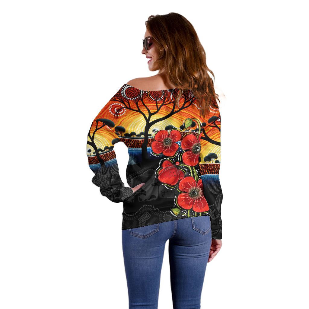 ANZAC Day Australia Poppy Flower Off Shoulder Sweater Aboriginal Style - Vibe Hoodie Shop