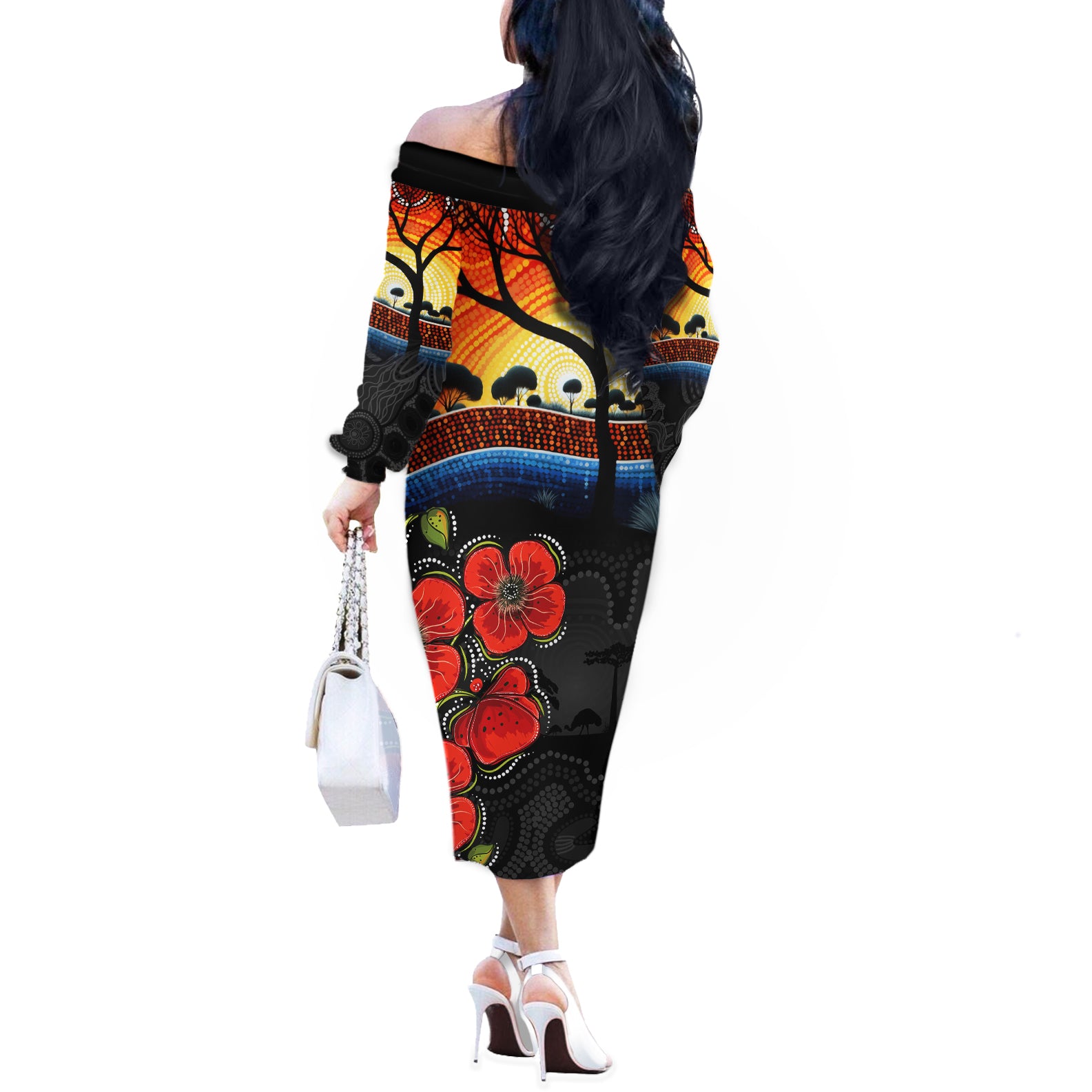 ANZAC Day Australia Poppy Flower Off The Shoulder Long Sleeve Dress Aboriginal Style