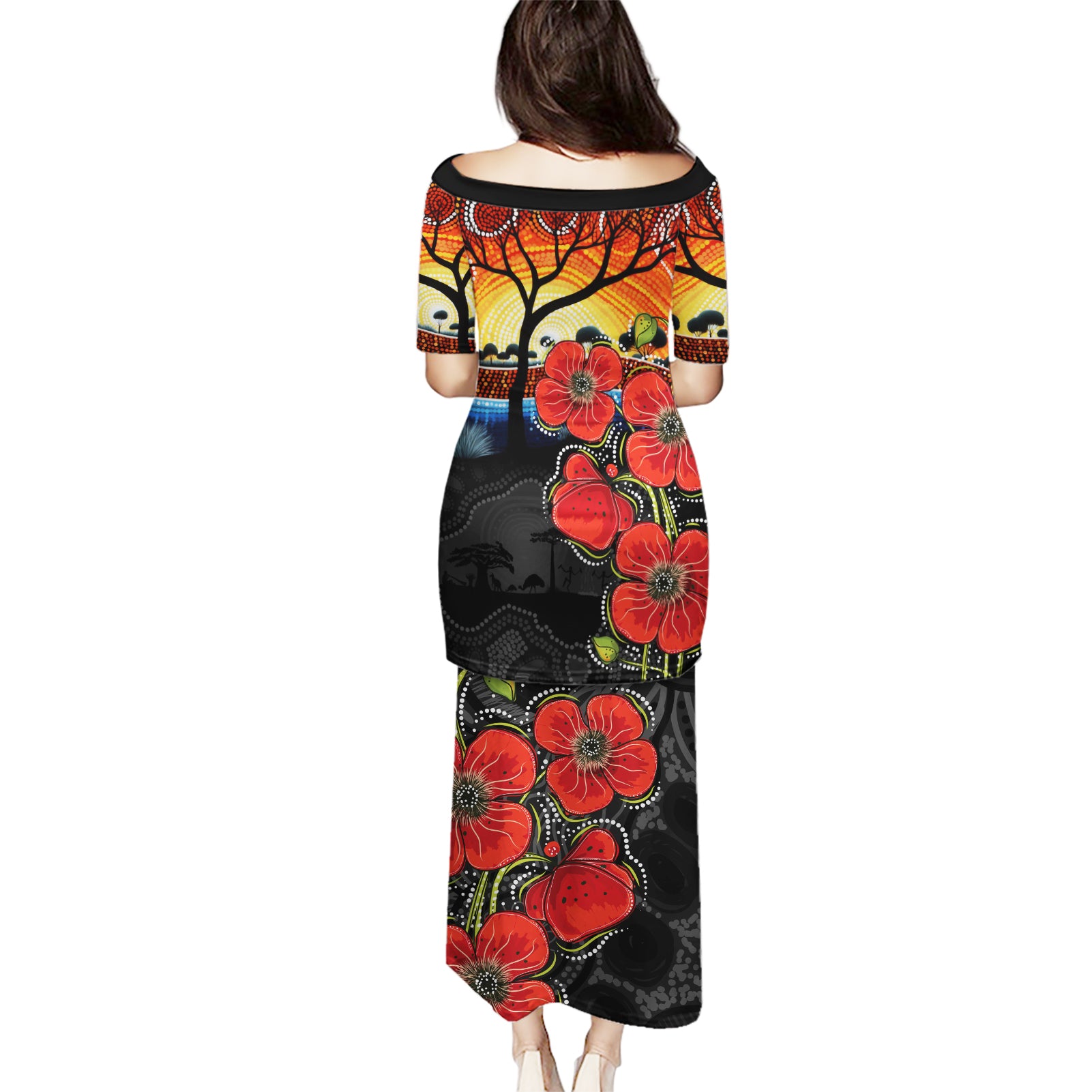 ANZAC Day Australia Poppy Flower Puletasi Aboriginal Style