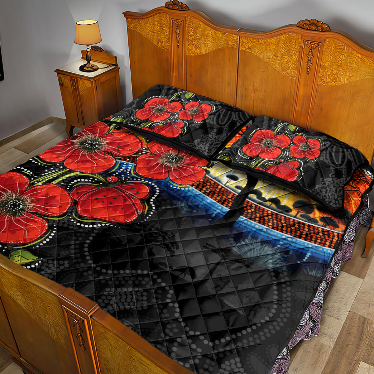 ANZAC Day Australia Poppy Flower Quilt Bed Set Aboriginal Style - Vibe Hoodie Shop