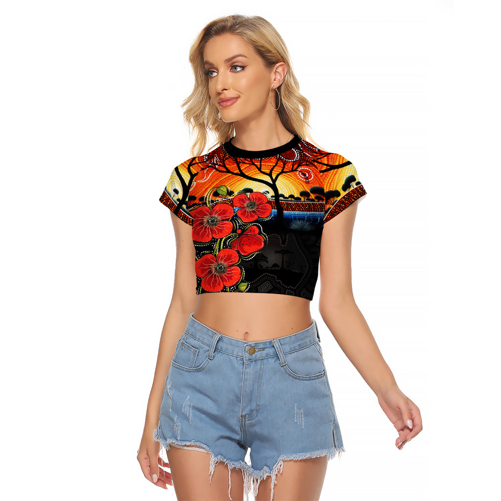 ANZAC Day Australia Poppy Flower Raglan Cropped T Shirt Aboriginal Style - Vibe Hoodie Shop