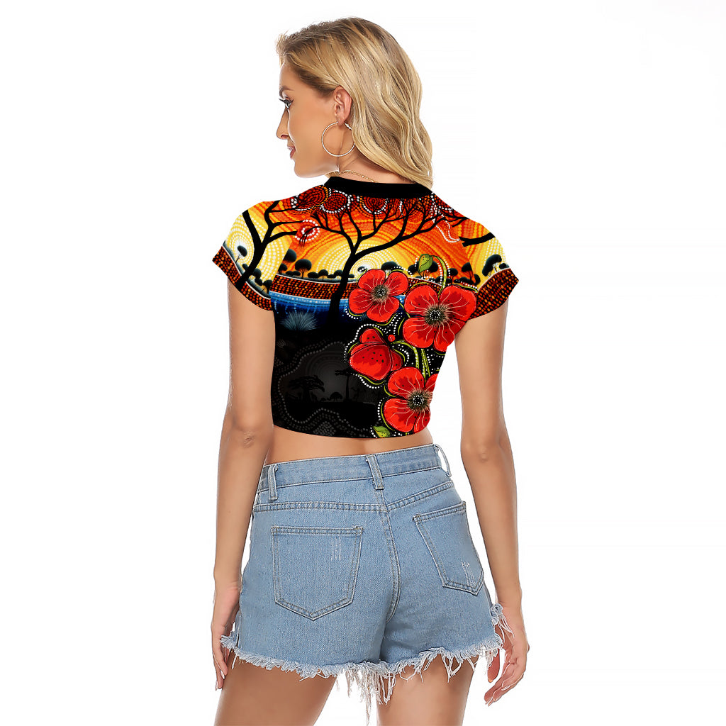 ANZAC Day Australia Poppy Flower Raglan Cropped T Shirt Aboriginal Style - Vibe Hoodie Shop