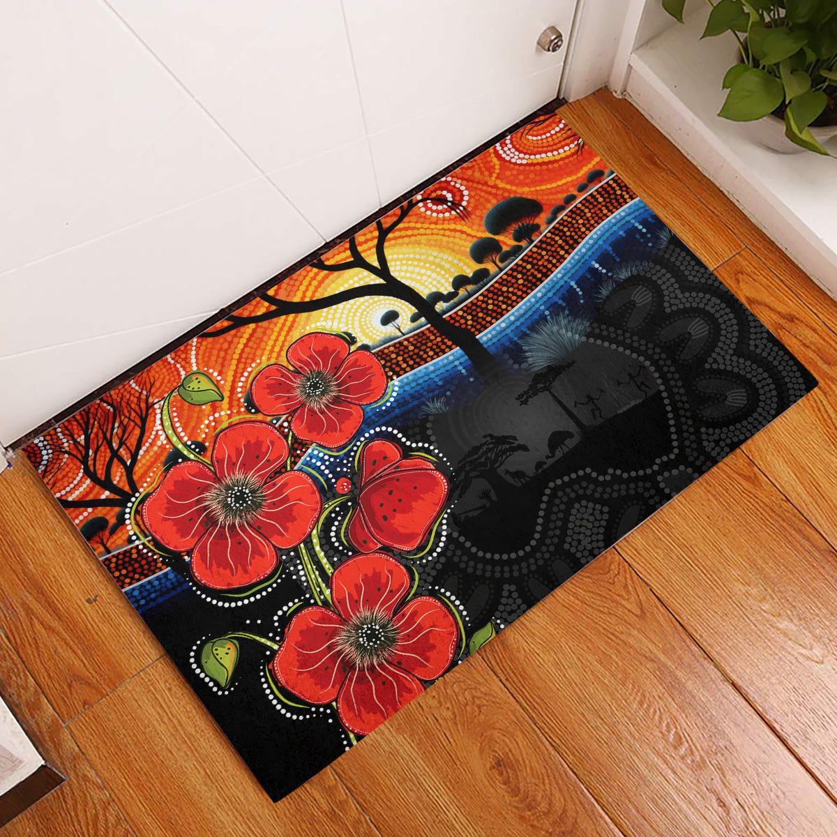 ANZAC Day Australia Poppy Flower Rubber Doormat Aboriginal Style