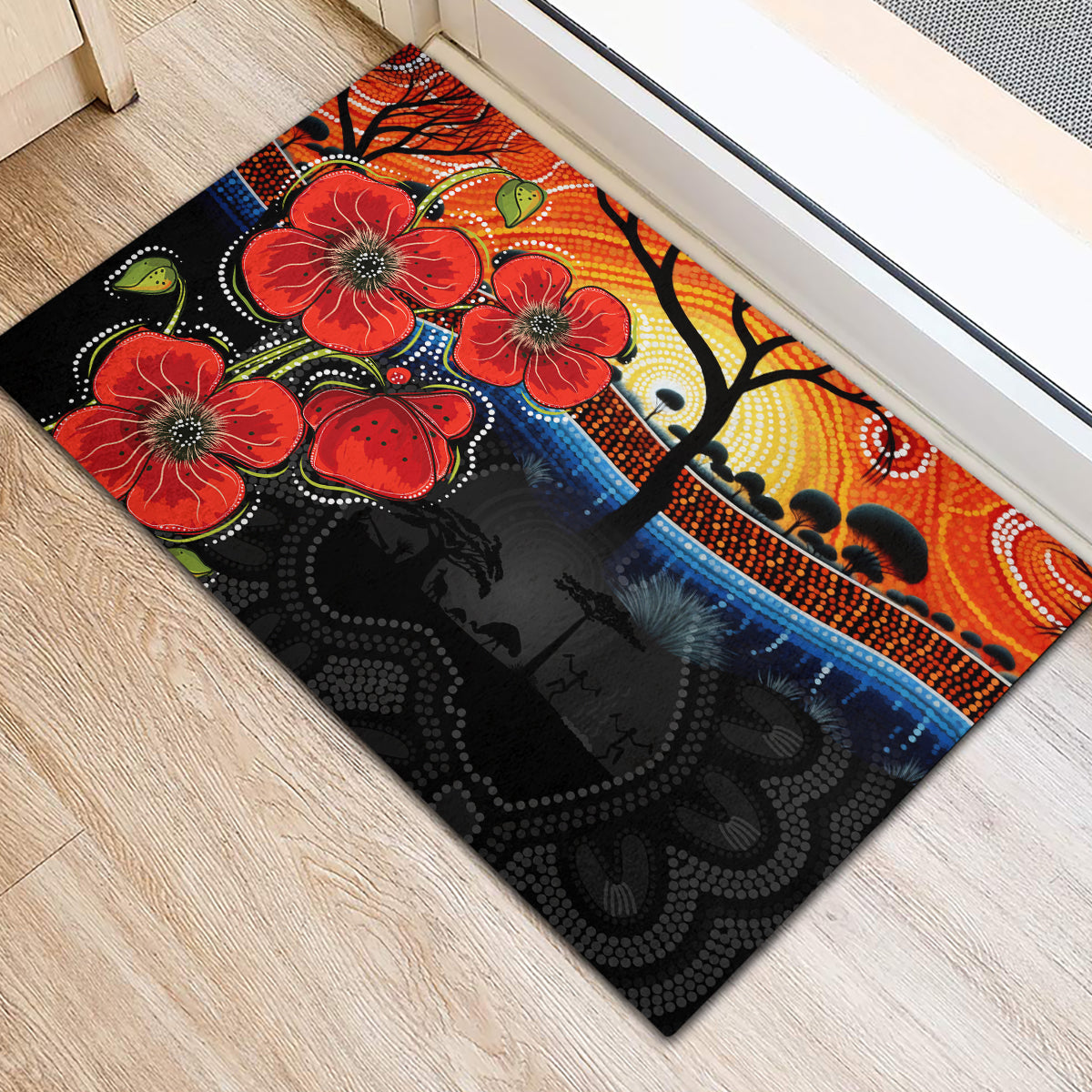ANZAC Day Australia Poppy Flower Rubber Doormat Aboriginal Style