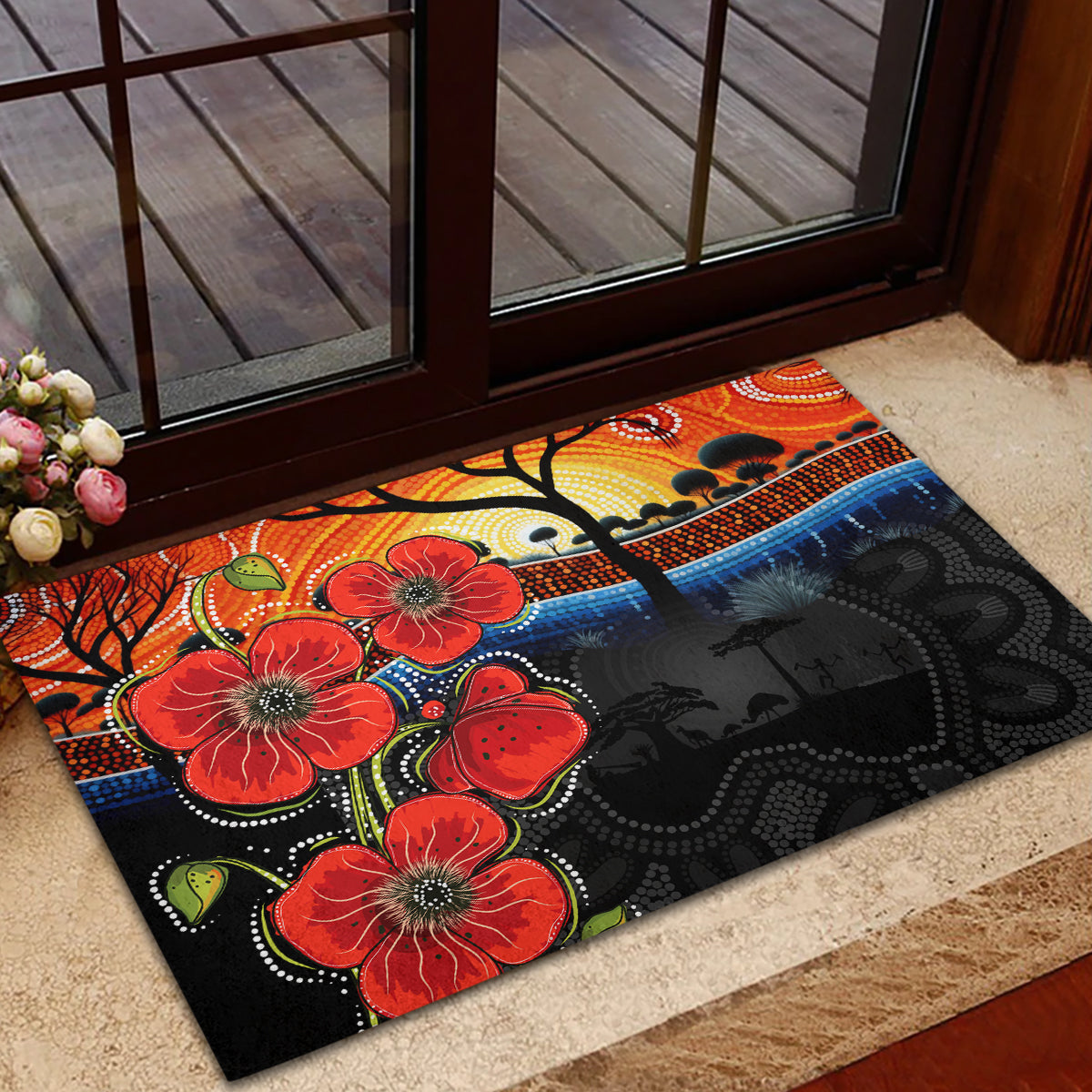 ANZAC Day Australia Poppy Flower Rubber Doormat Aboriginal Style