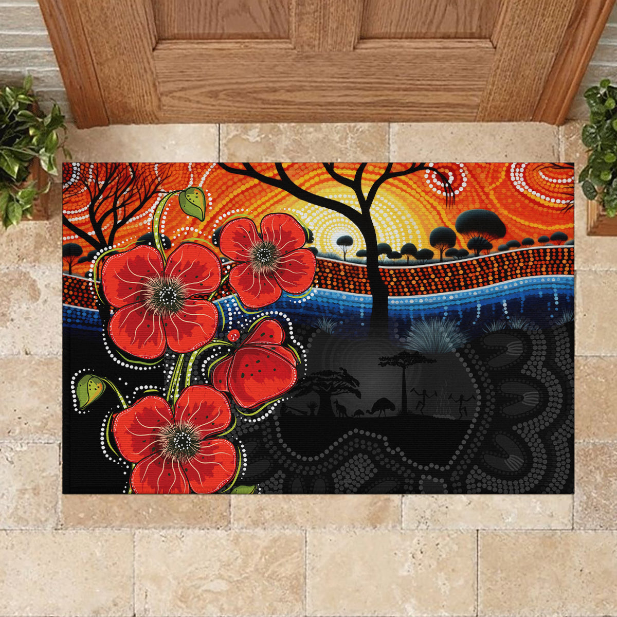 ANZAC Day Australia Poppy Flower Rubber Doormat Aboriginal Style