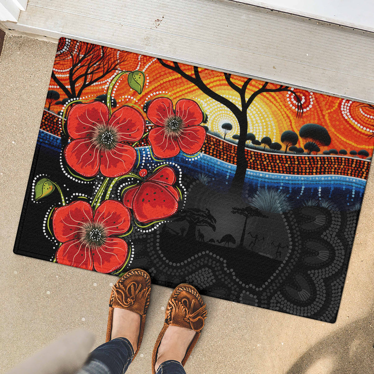 ANZAC Day Australia Poppy Flower Rubber Doormat Aboriginal Style