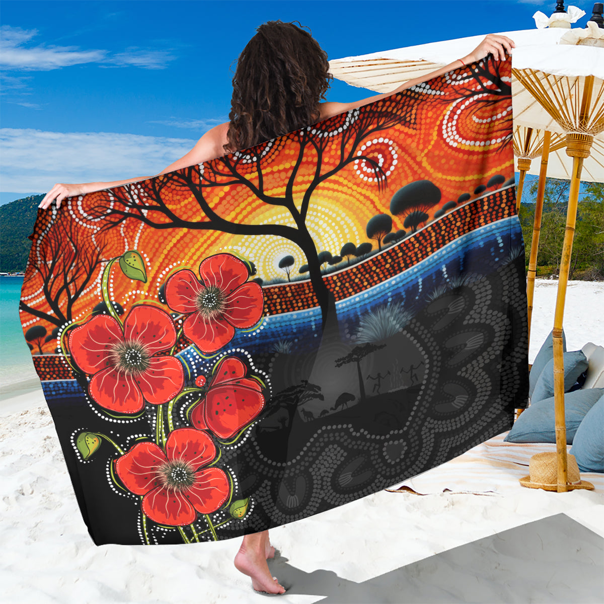 ANZAC Day Australia Poppy Flower Sarong Aboriginal Style - Vibe Hoodie Shop