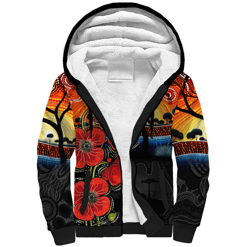 ANZAC Day Australia Poppy Flower Sherpa Hoodie Aboriginal Style - Vibe Hoodie Shop