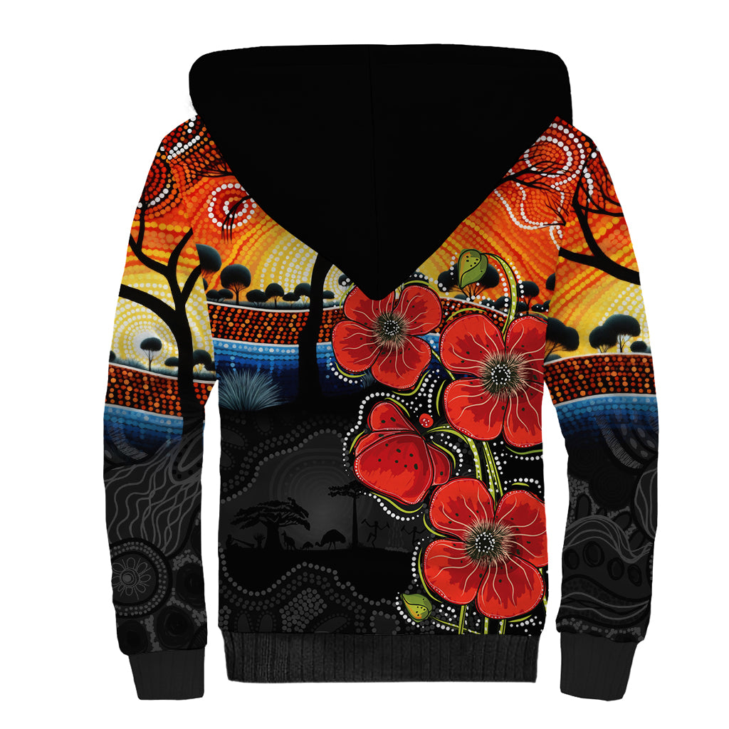 ANZAC Day Australia Poppy Flower Sherpa Hoodie Aboriginal Style - Vibe Hoodie Shop