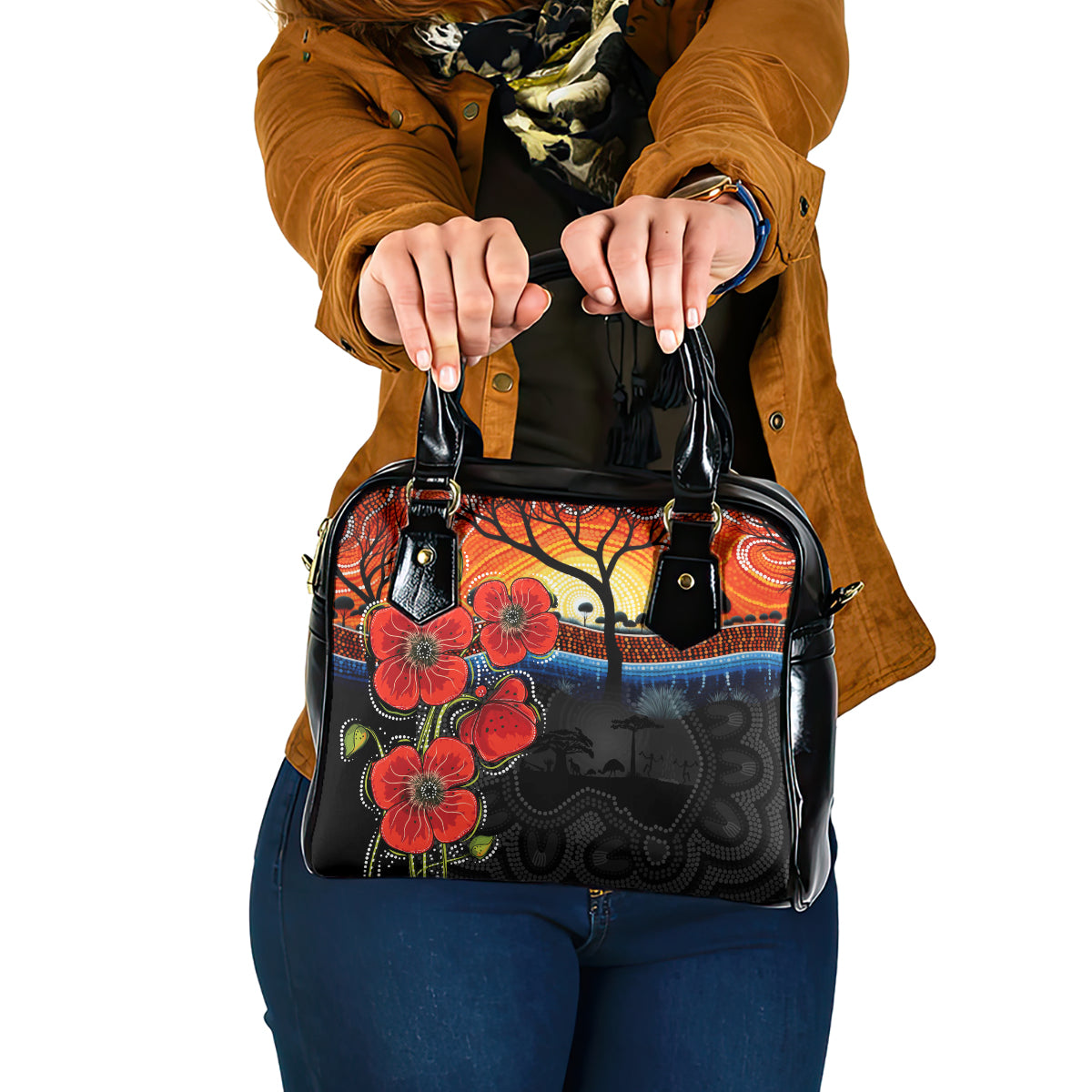 ANZAC Day Australia Poppy Flower Shoulder Handbag Aboriginal Style - Vibe Hoodie Shop