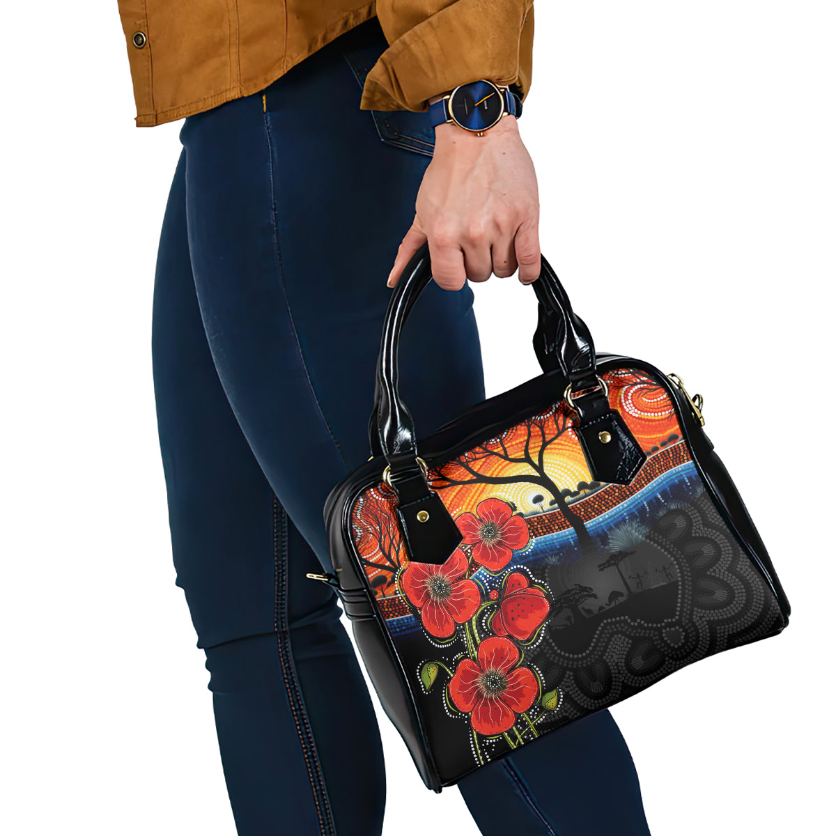 ANZAC Day Australia Poppy Flower Shoulder Handbag Aboriginal Style - Vibe Hoodie Shop