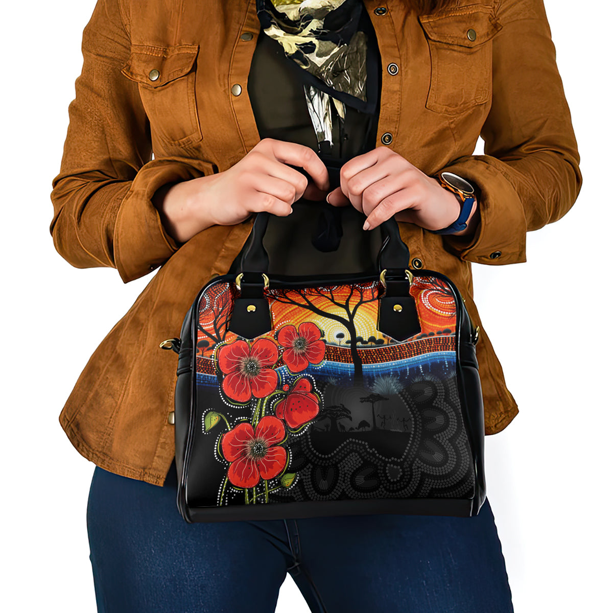 ANZAC Day Australia Poppy Flower Shoulder Handbag Aboriginal Style - Vibe Hoodie Shop