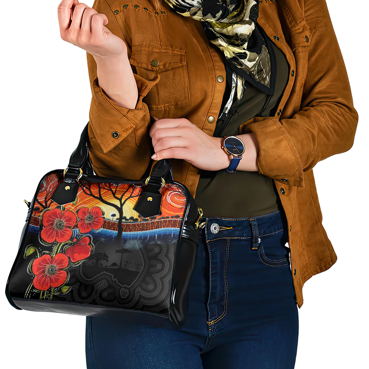ANZAC Day Australia Poppy Flower Shoulder Handbag Aboriginal Style - Vibe Hoodie Shop