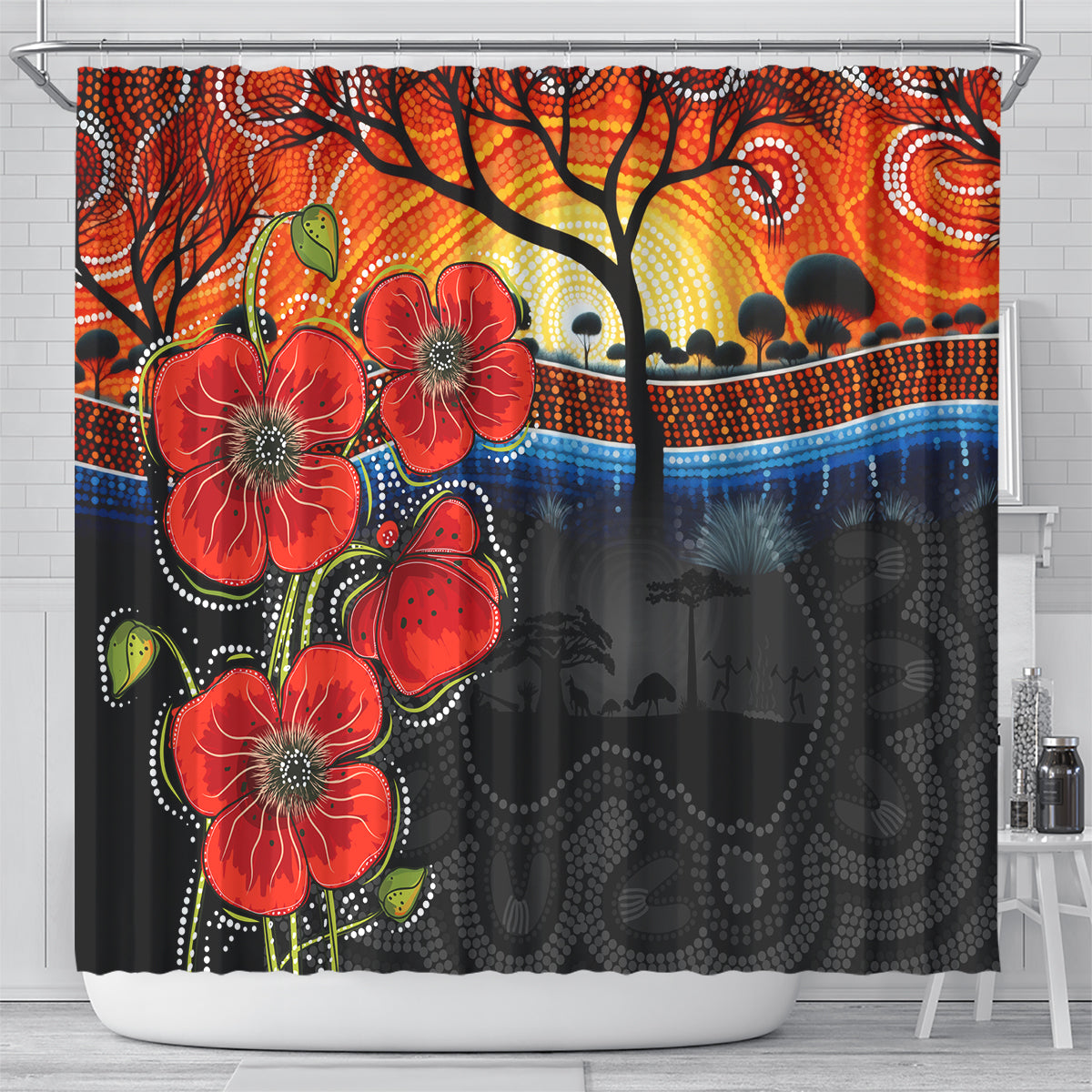 ANZAC Day Australia Poppy Flower Shower Curtain Aboriginal Style