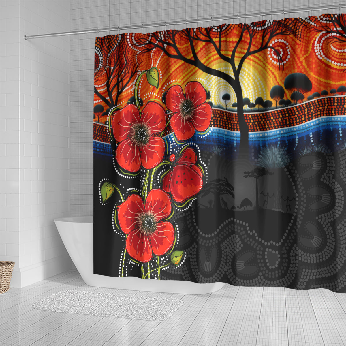 ANZAC Day Australia Poppy Flower Shower Curtain Aboriginal Style