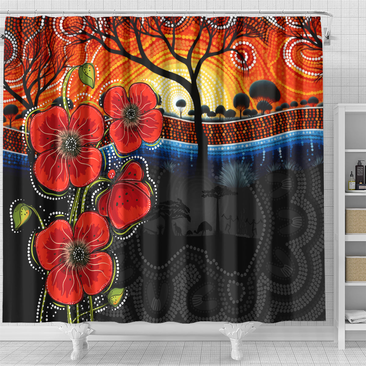 ANZAC Day Australia Poppy Flower Shower Curtain Aboriginal Style