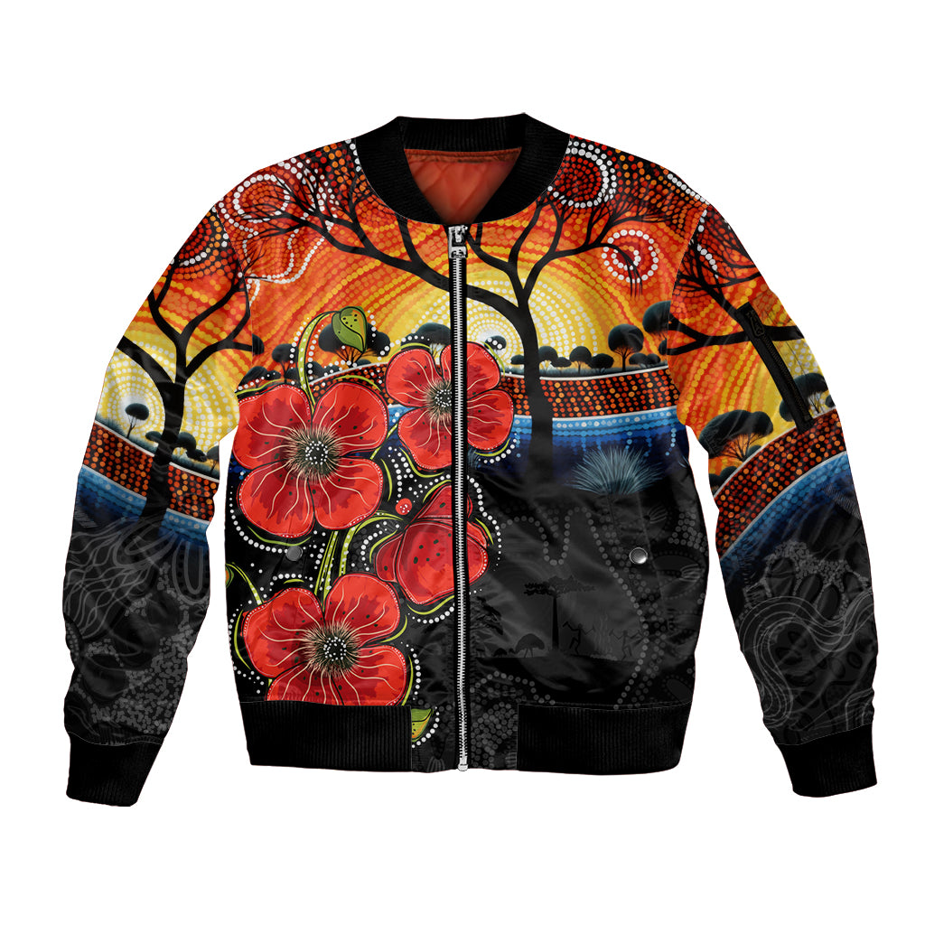 ANZAC Day Australia Poppy Flower Sleeve Zip Bomber Jacket Aboriginal Style