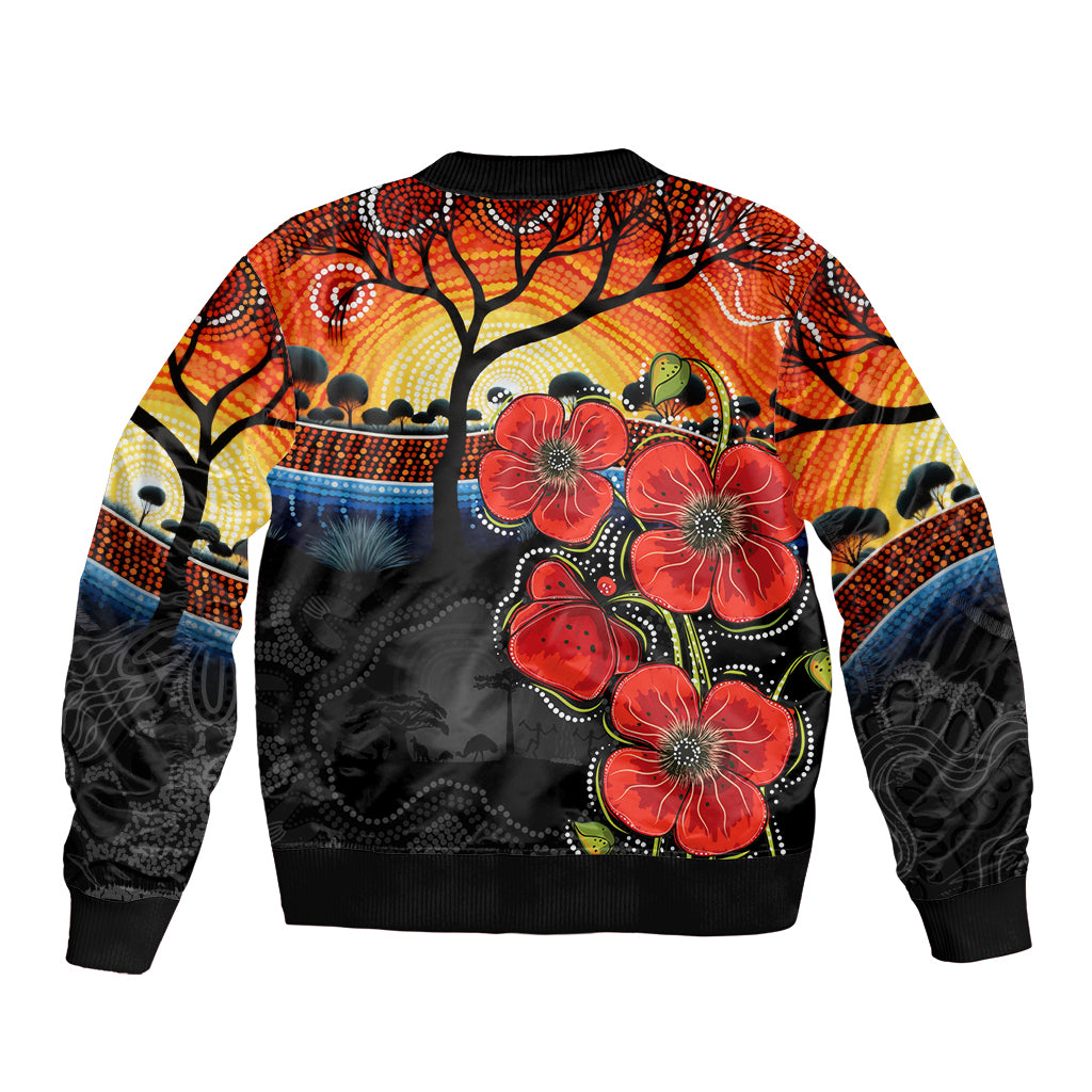 ANZAC Day Australia Poppy Flower Sleeve Zip Bomber Jacket Aboriginal Style